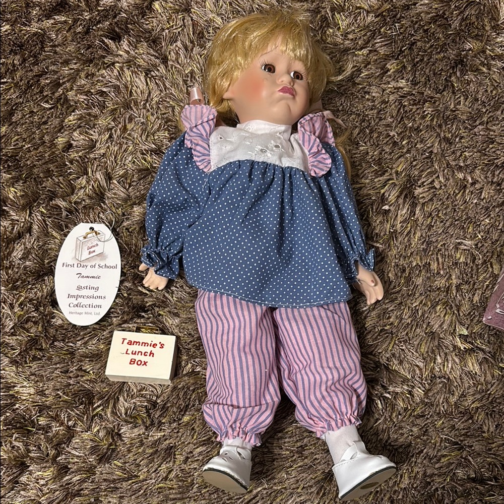 Tammie First Day of School Doll. 14 in porcelain doll. Heritage Mint